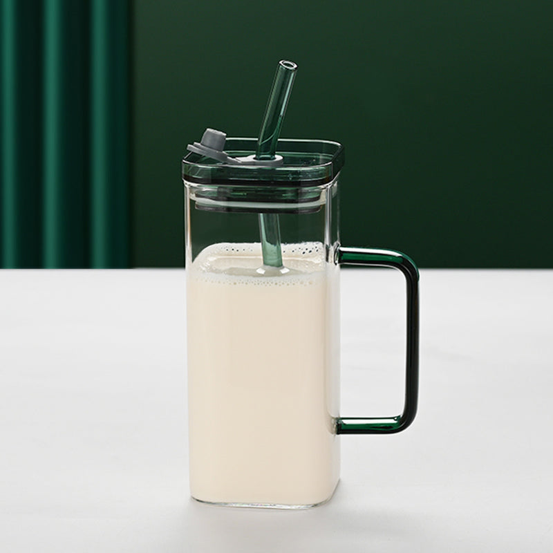 6 Pcs Glass Straw Cup, 6 Colors Square Glass Cup With Straw And Lid