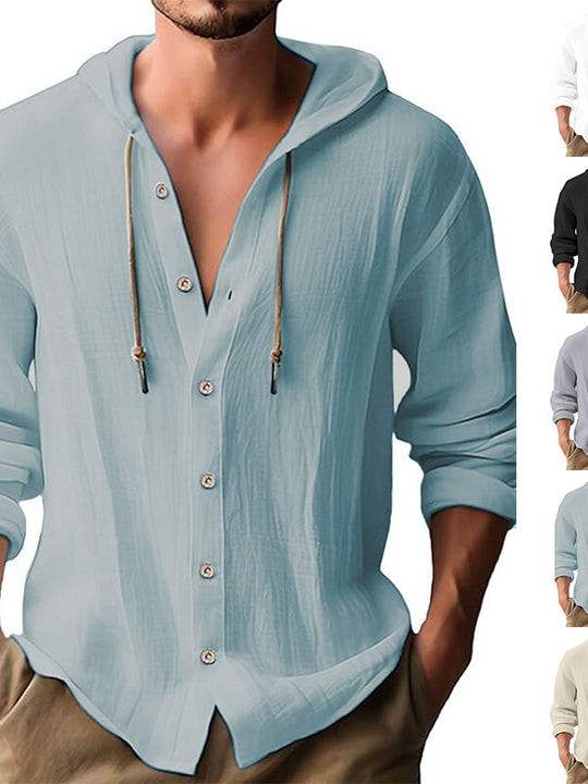 Cotton And Linen Shirt Hooded Sweater Button Long Sleeve