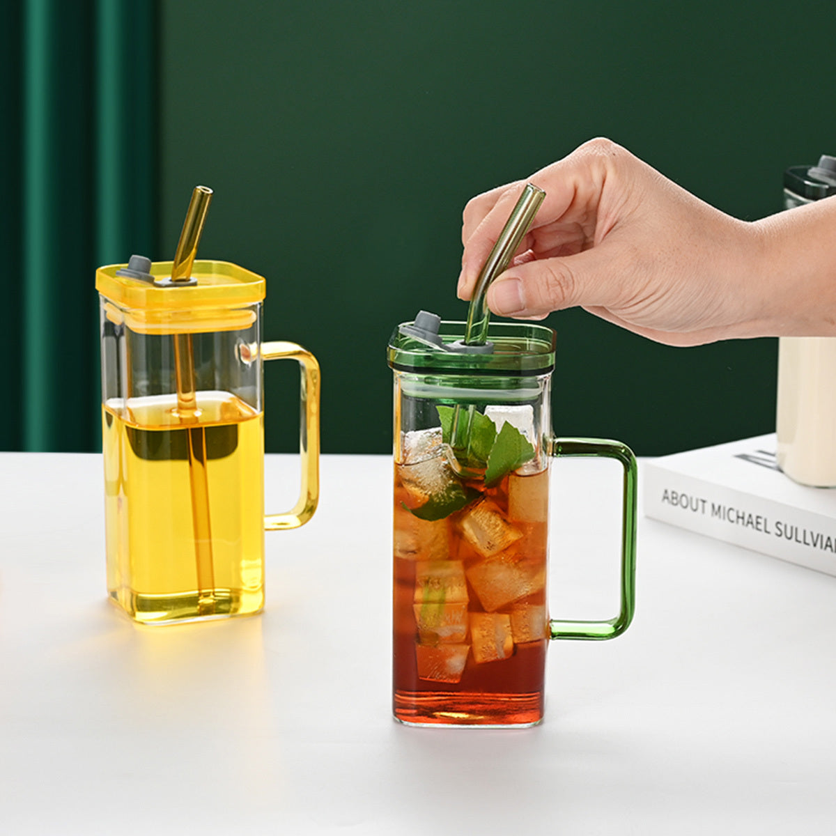 1 Pcs Blue Glass Straw Cup, 6 Colors Square Glass Cup With Straw And Lid