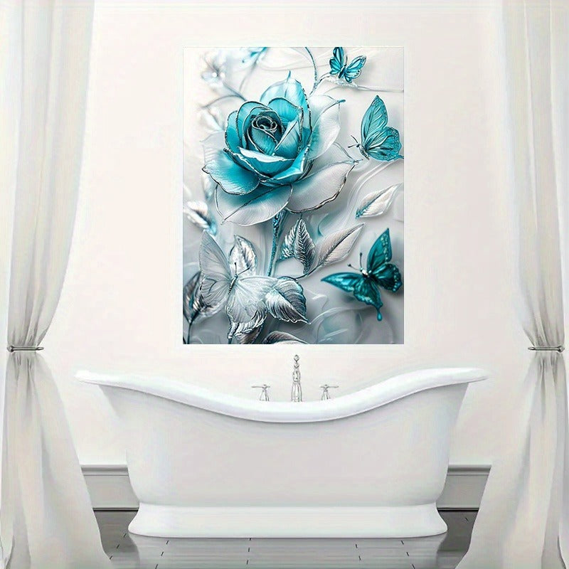 Elegant Turquoise Blue Crystal Rose & Teal Butterflies Canvas Wall Art With Wooden Frame