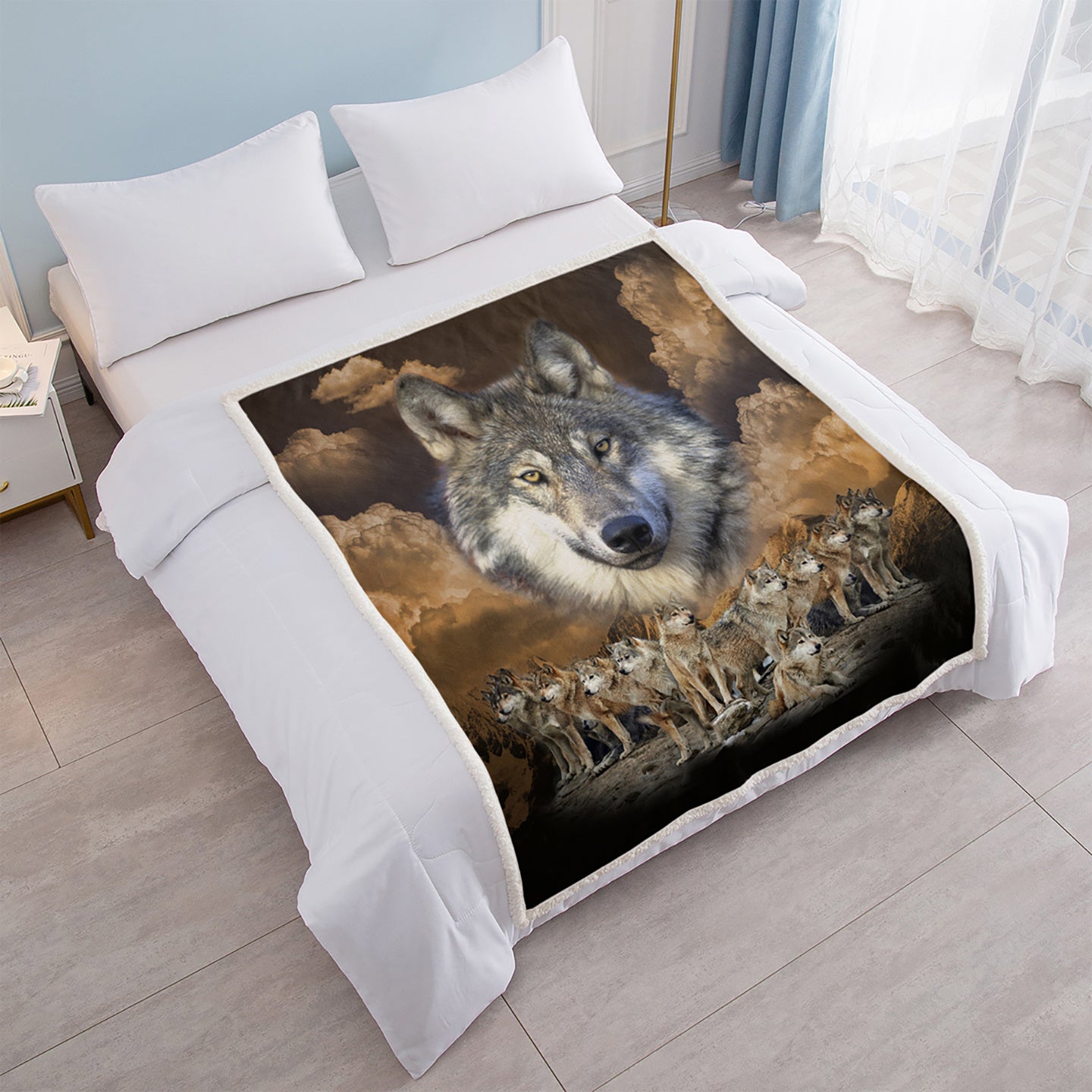Indian Wolf Sherpa Fleece Blanket