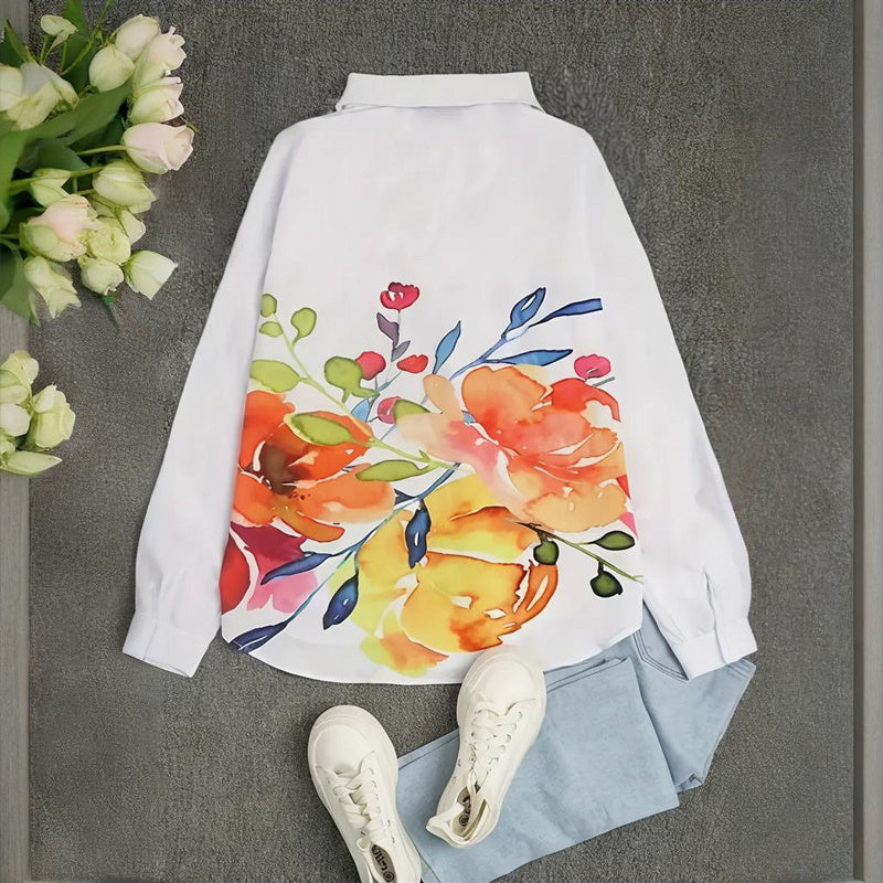 Women's Notch Lapel Long Sleeve Blouse With Colorful Floral Print