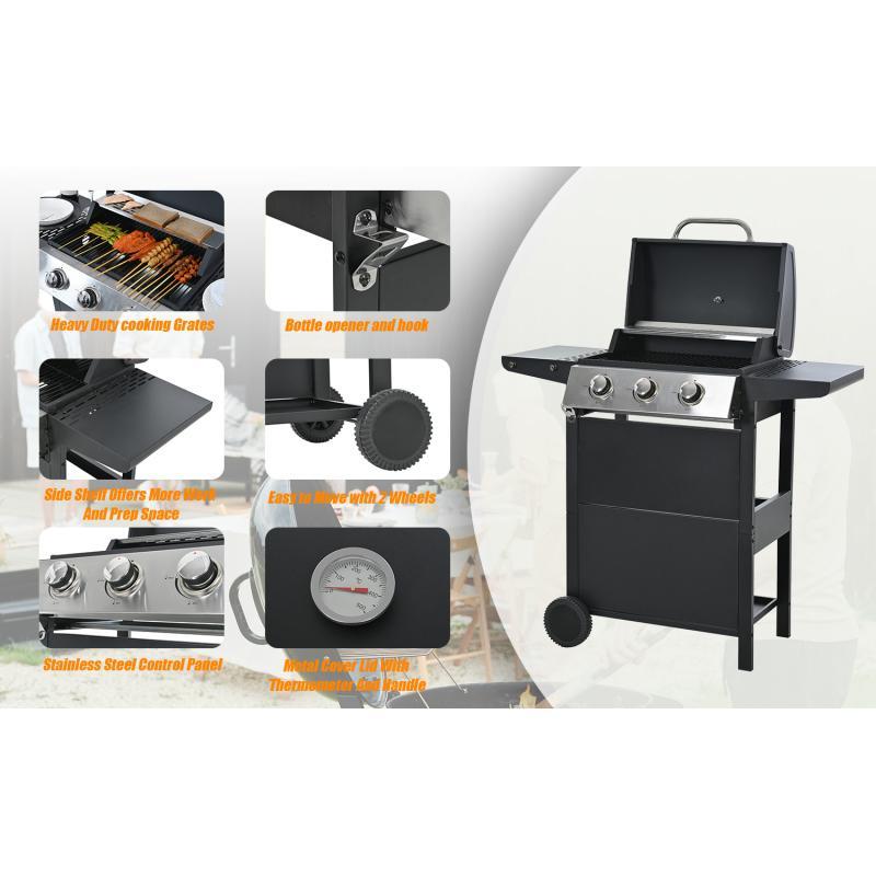 Propane Gas Three-burner Stainless Steel Grill With Double Shelves, Lid, Wheels And Bottle Opener