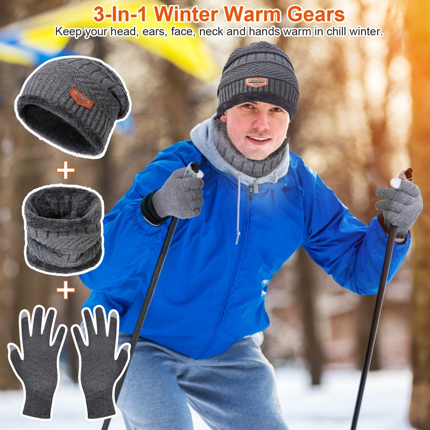 3Pcs Winter Knitted Hat Scarf Gloves Winter