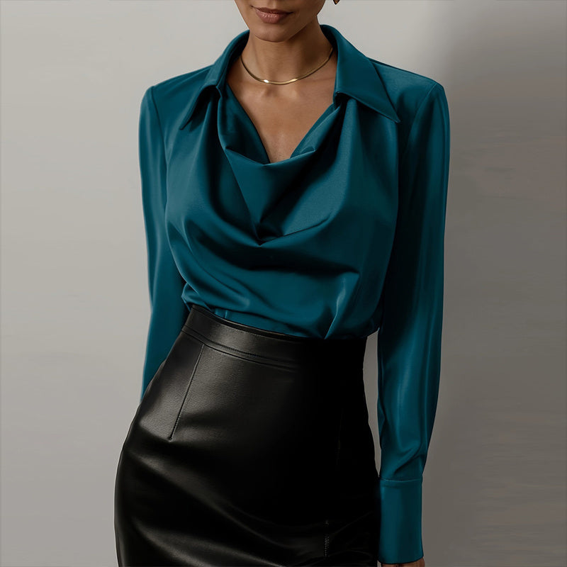 Women's Solid Color Long Sleeve Cowl Neck Blouse