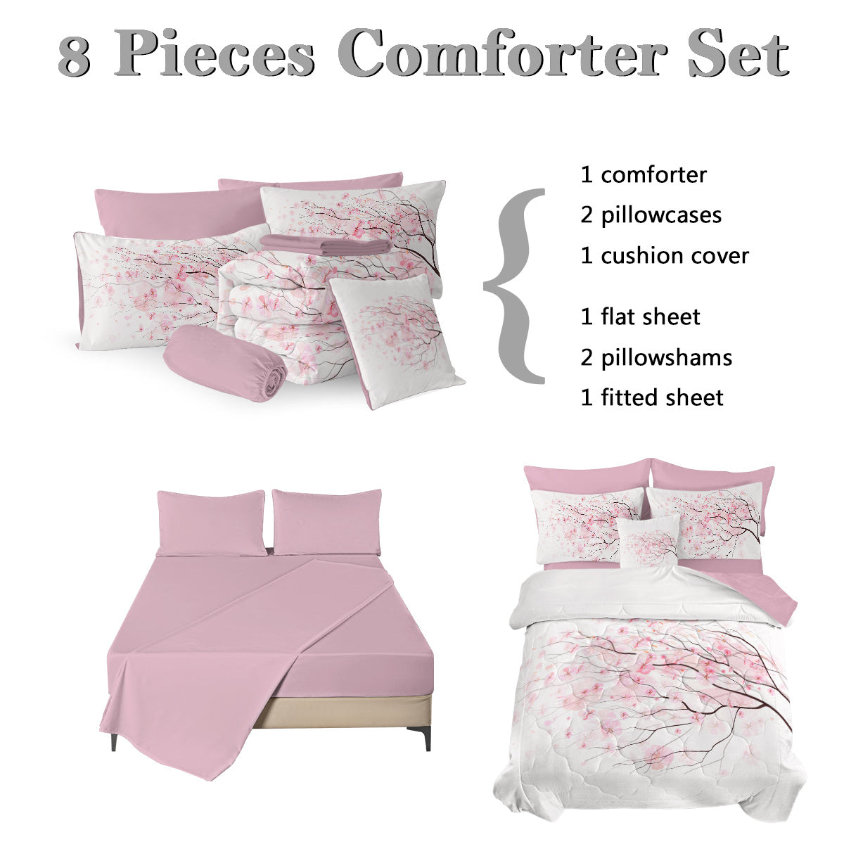 Cherry Blossom Pattern Comforter Set 8PCS Twin Size Soft Bedding Set