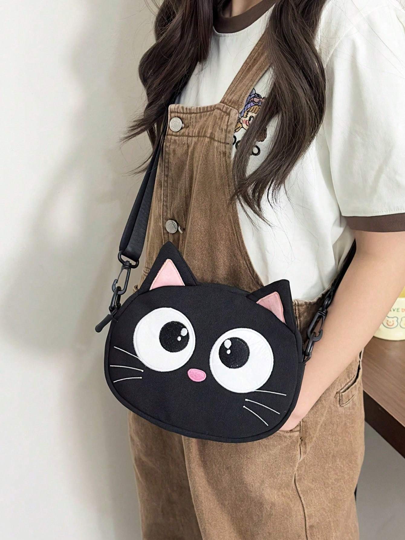 New Cute Cartoon Shoulder Bag Big Eyed Black Cat Messenger Bag For Women