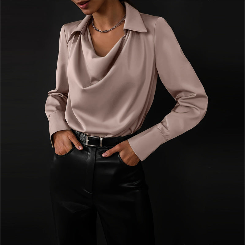 Women's Solid Color Long Sleeve Cowl Neck Blouse
