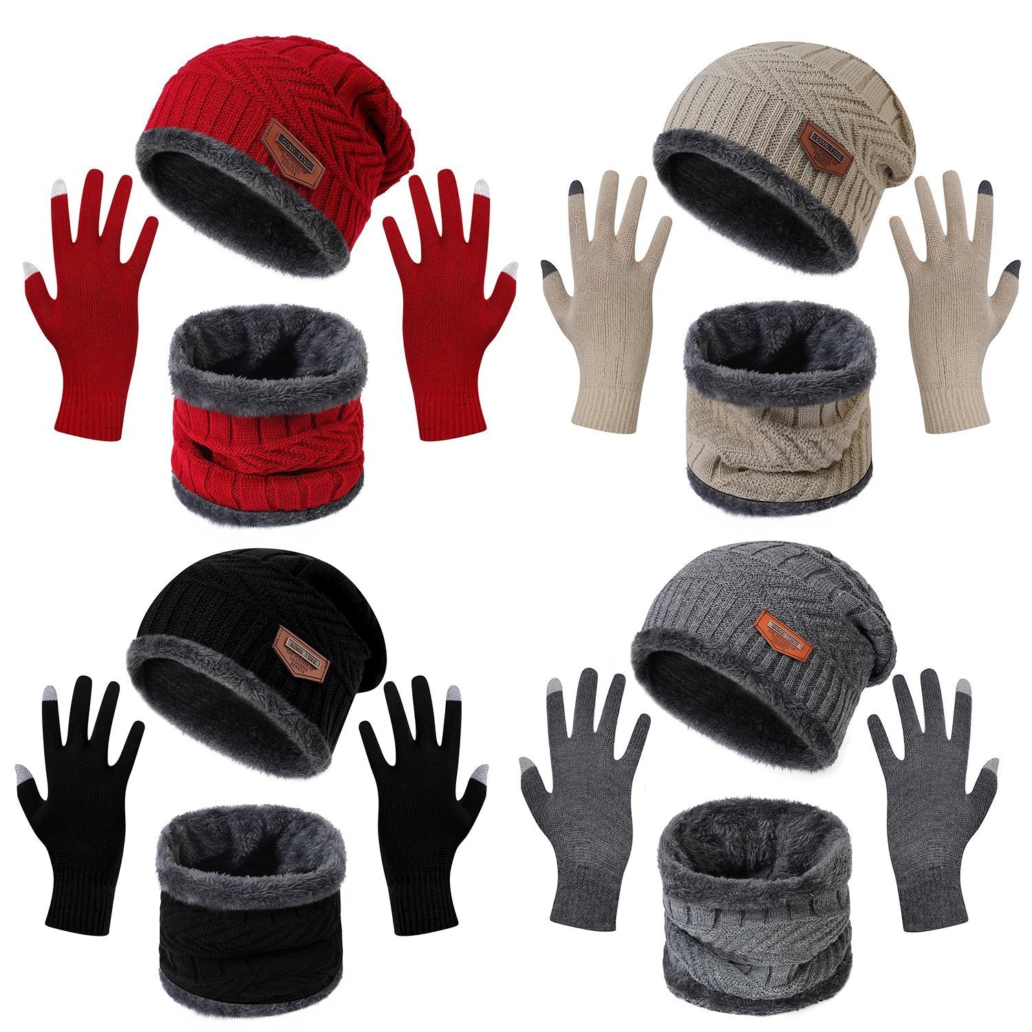 3Pcs Winter Knitted Hat Scarf Gloves Winter