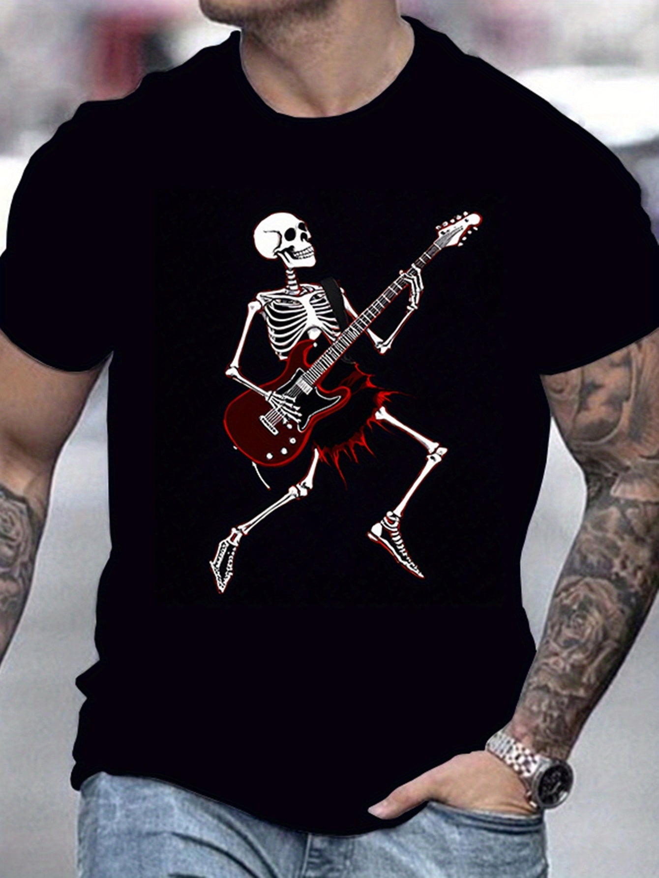 Men's Skull Guitar Patterned Round Neck T-shirt