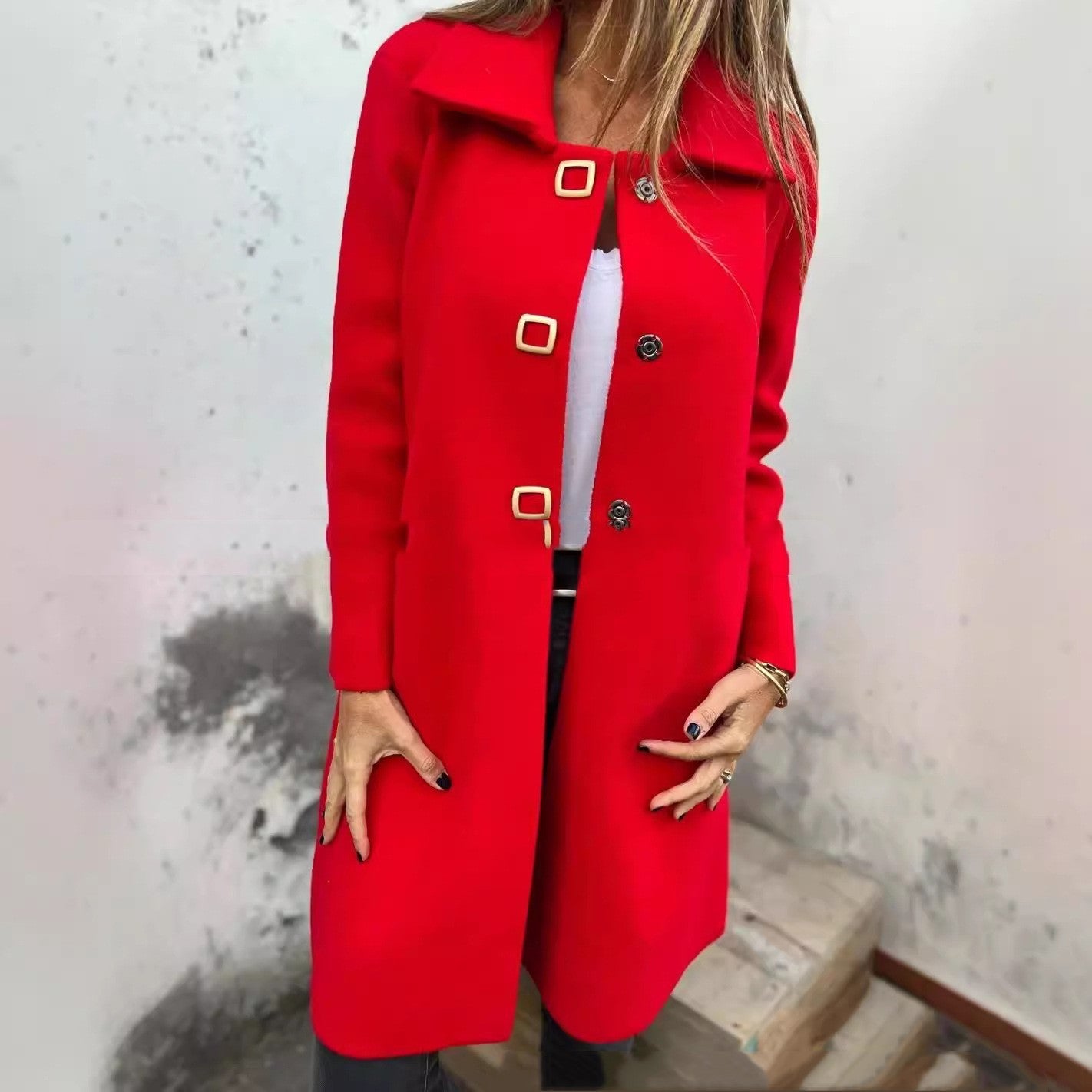 Autumn And Winter Women's Single Row Solid Color Mid-length Wool Woolen Jacket