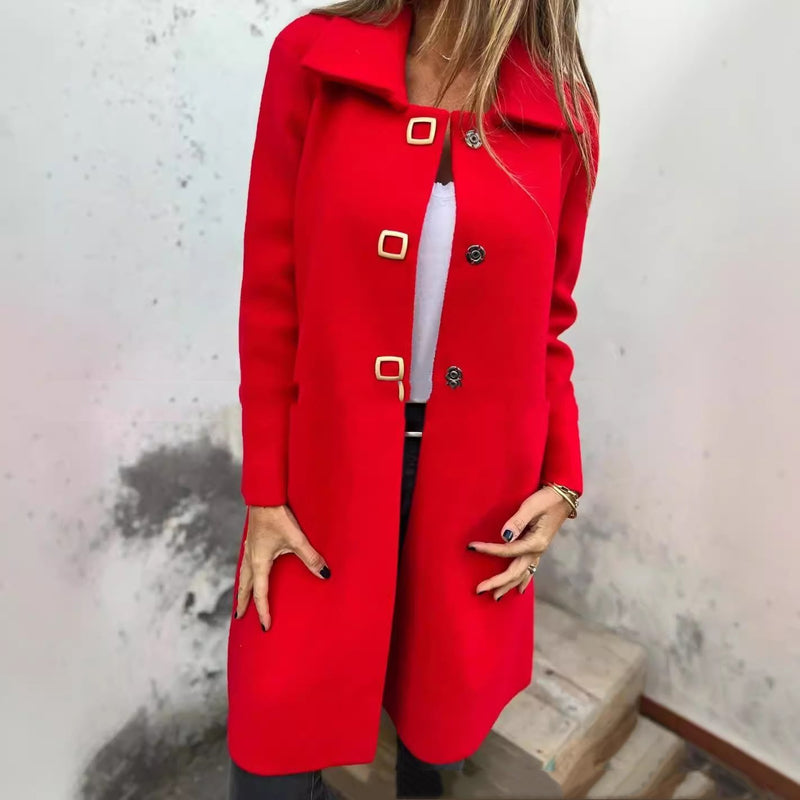 Autumn And Winter Women's Single Row Solid Color Mid-length Wool Woolen Jacket