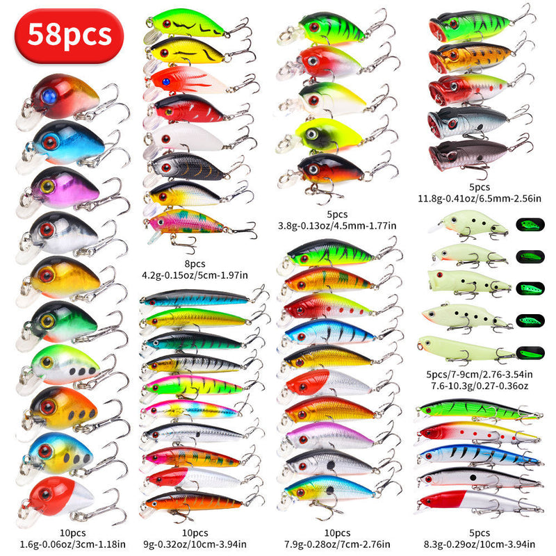 22pcs 58pcs 102pcs Fishing Lure Kits Multi-Functional Set Topwater Floating Swimming Lures