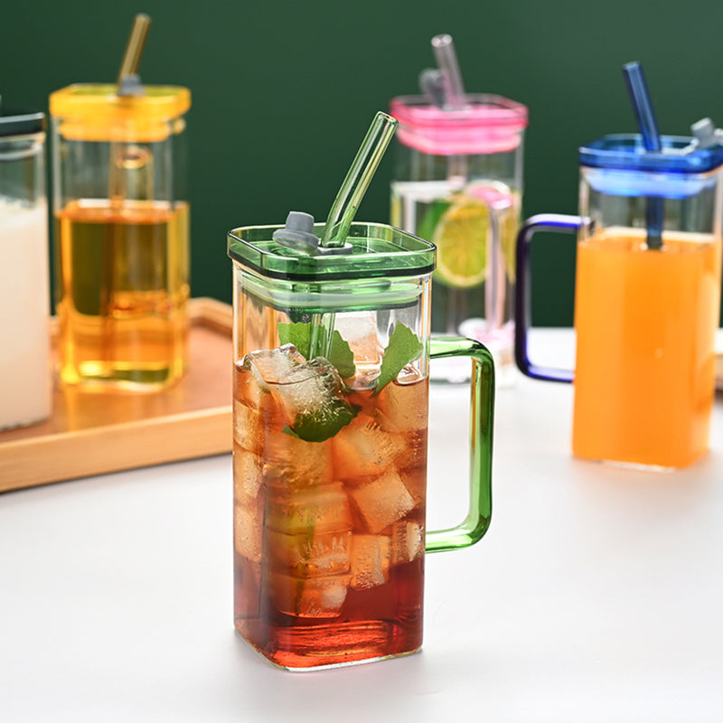 6 Pcs Glass Straw Cup, 6 Colors Square Glass Cup With Straw And Lid