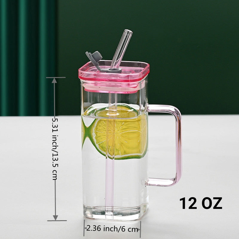 6 Pcs Glass Straw Cup, 6 Colors Square Glass Cup With Straw And Lid