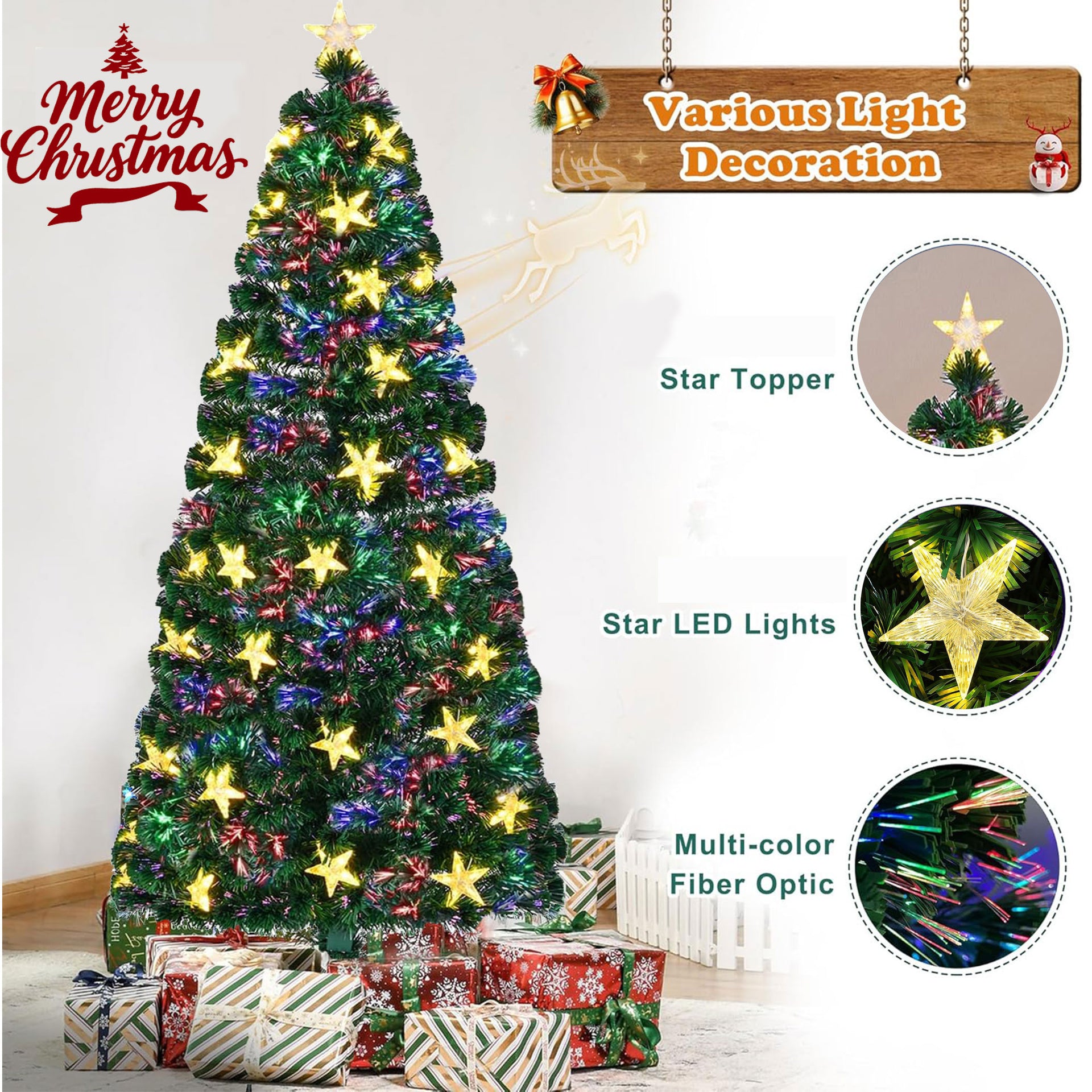 6FT Pre-lit Fiber Optic Christmas Tree With Large Stars, Artificial Chritsmas Tree