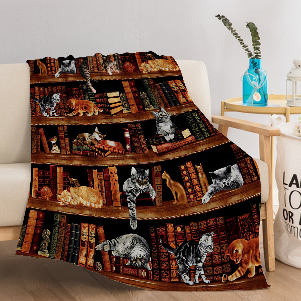 Vintage Kitten Flannel Blanket Cat In The Bookshelf Throw Blanket