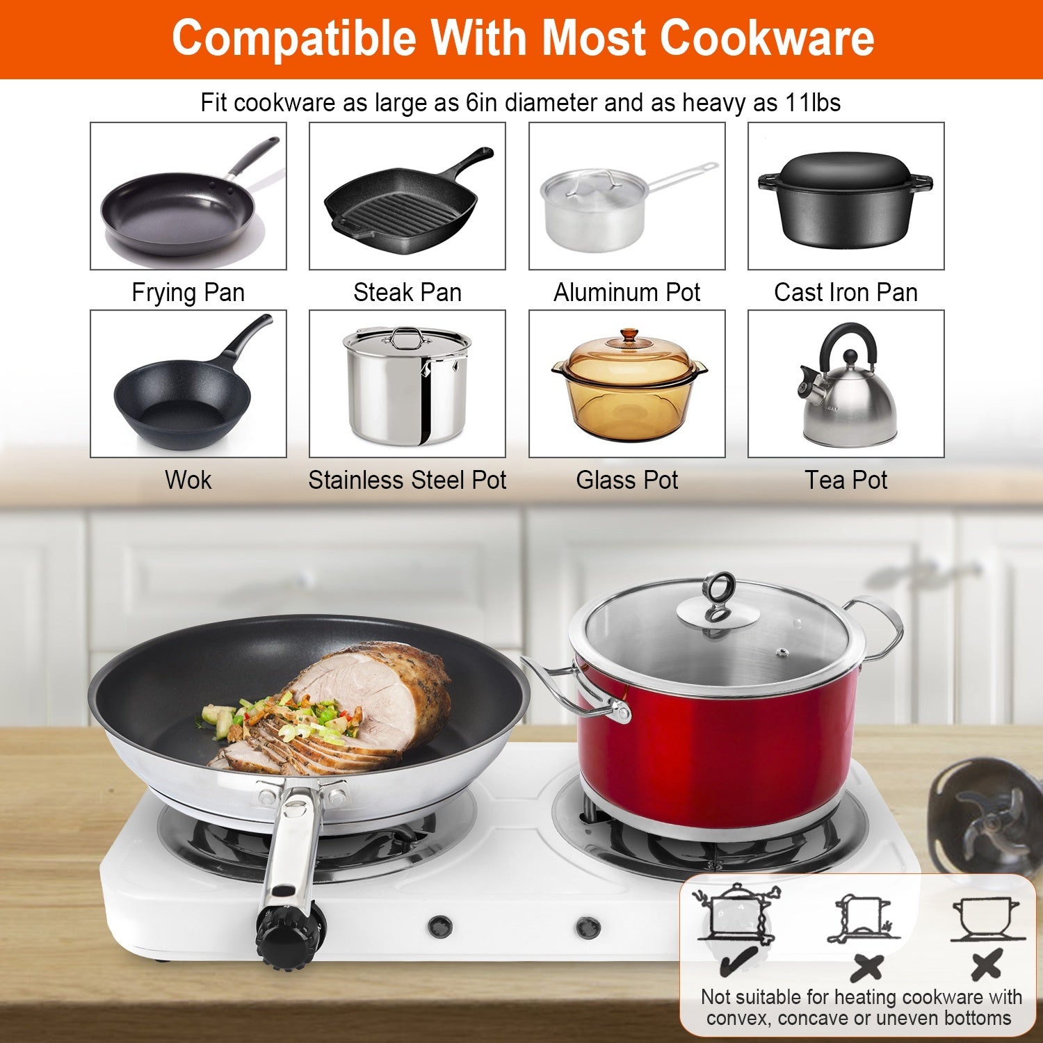 2 Color Options -- 1Pc 2000W Electric Double Burner Portable Coil Heating Hot Plate
