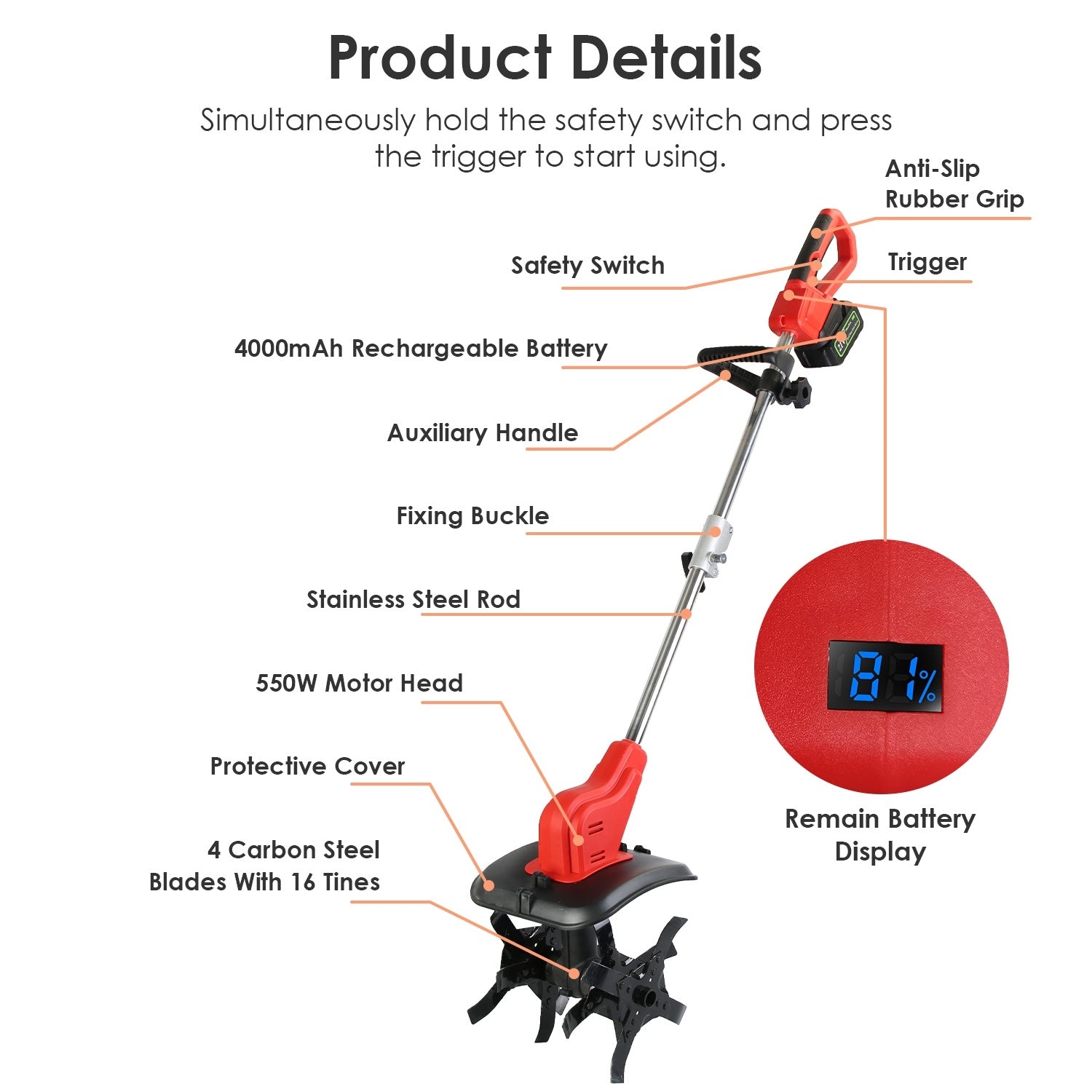 1Pc 21V Electric Cordless Tiller Cultivator Powered Garden Tiller
