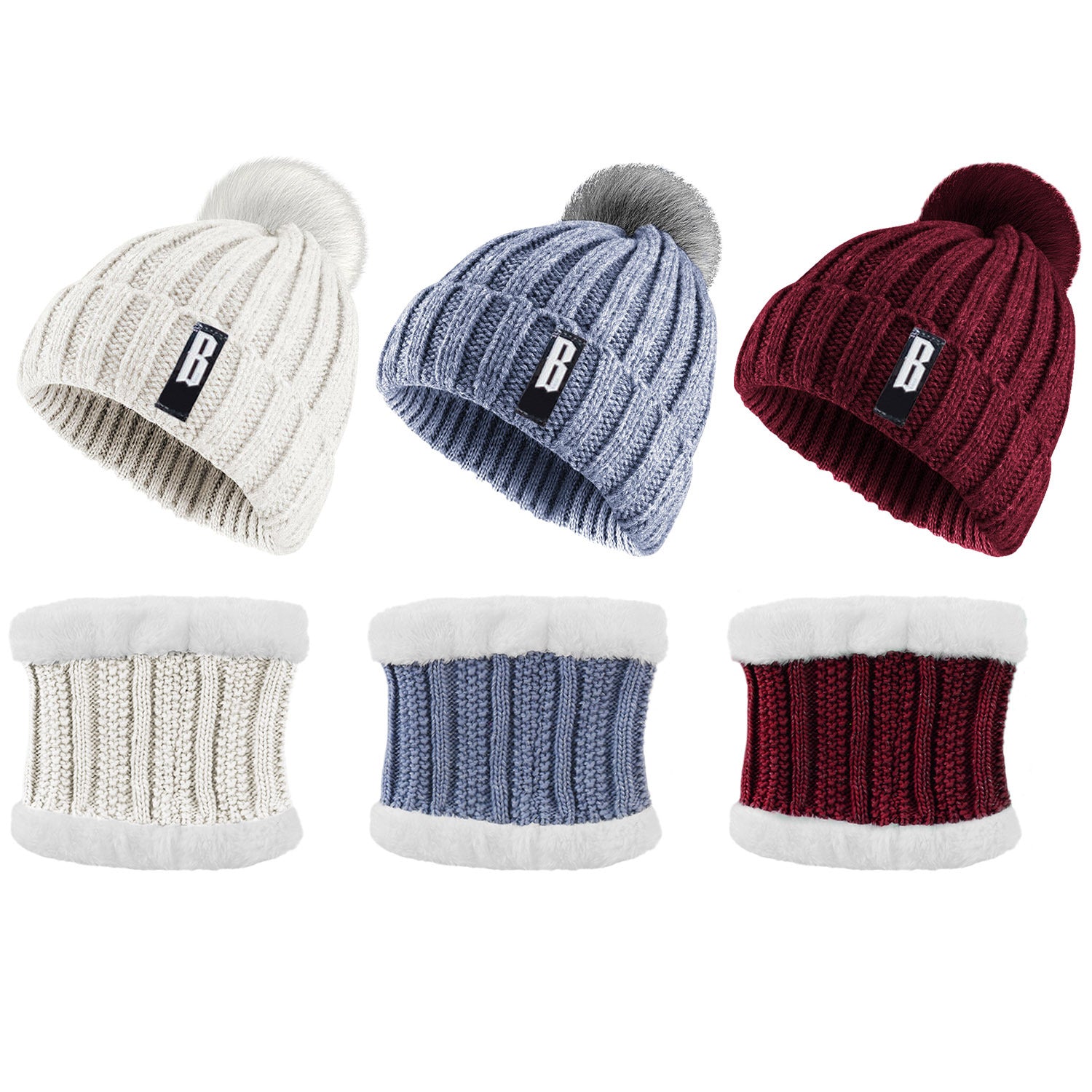 1Set Winter Beanie Hat Scarf Set Women Warm Knitting Skull Cap
