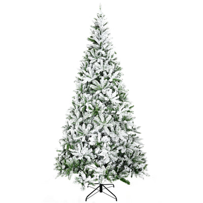 HOMCOM 9' Tall Unlit Snow Flocked Pine Artificial Christmas Tree With Realistic Branches, Green