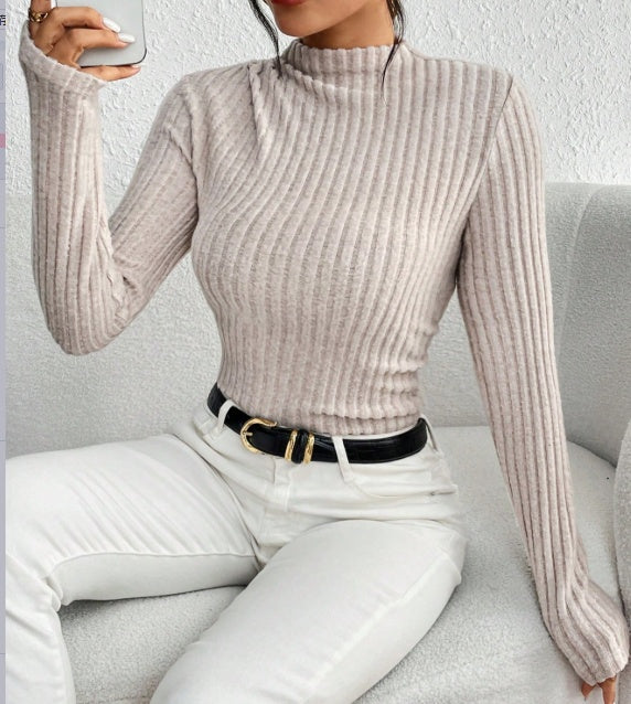 Women's Ribbed Mock Neck Knit Jumpsuit Long Sleeve Slim Casual Jumpsuit
