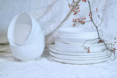 Lily Bone China Dinnerware Set, 16 Pieces, Service For 4, White Plates, Dishes, Bowls Set