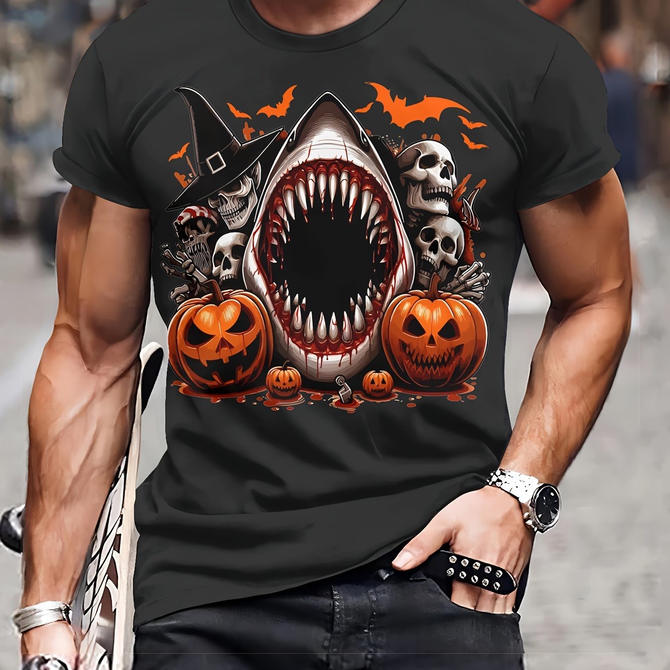 Men's Casual Polyester Round Neck T-shirt With 3D Shark