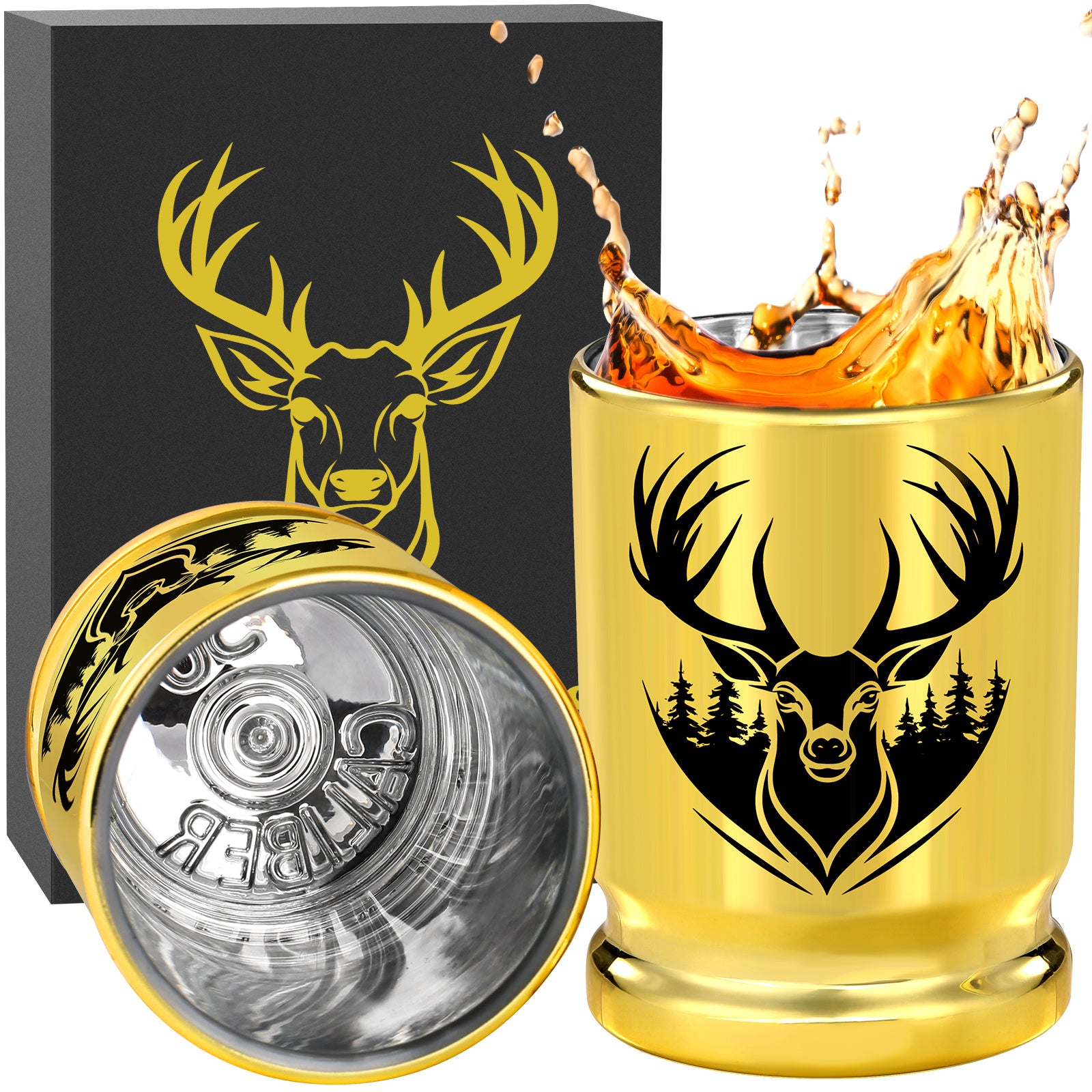 2pcs  50 Caliber Deer Head Golden Plastic Wine Glasses With Gift Box - Leak Proof