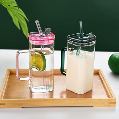 1 Pcs Green Glass Straw Cup, 6 Colors Square Glass Cup
