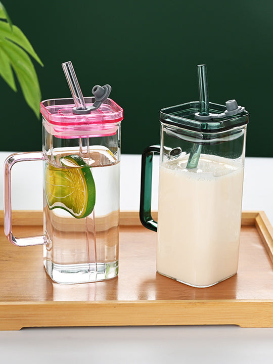 1 Pcs Green Glass Straw Cup, 6 Colors Square Glass Cup