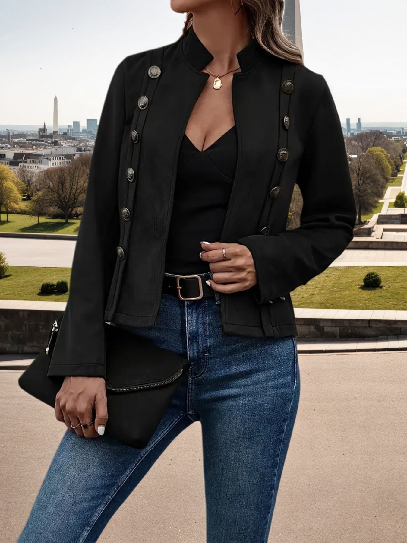 New Women's Fashion Casual Jacket, Solid Color Double Breasted Decorative Jacket