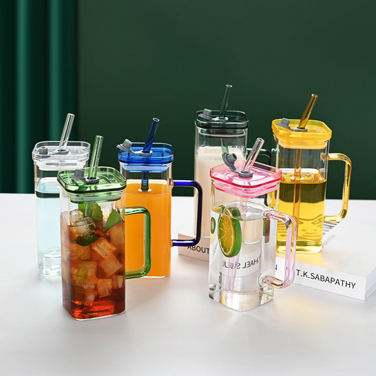 1 Pcs Green Glass Straw Cup, 6 Colors Square Glass Cup