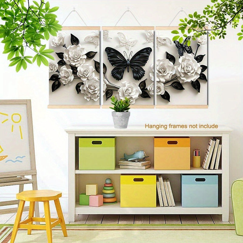 3 Pieces Set Of Framed Wall Art Canvas Prints Featuring A Black Butterfly And White Roses