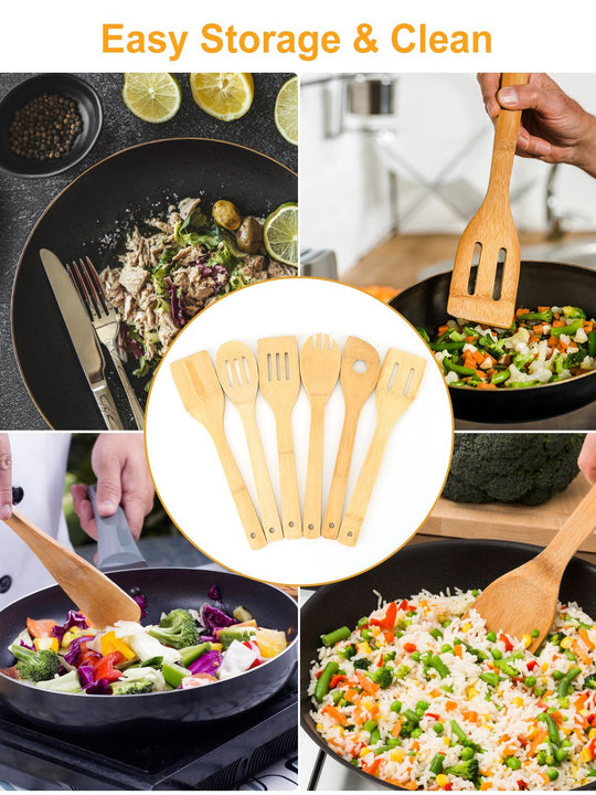 Set Of 6Pcs Cooking Utensil Bamboo Wooden Spoons Spatula Kitchen Cooking Tools Nonstick Wooden Cookware Kitchen Gadgets