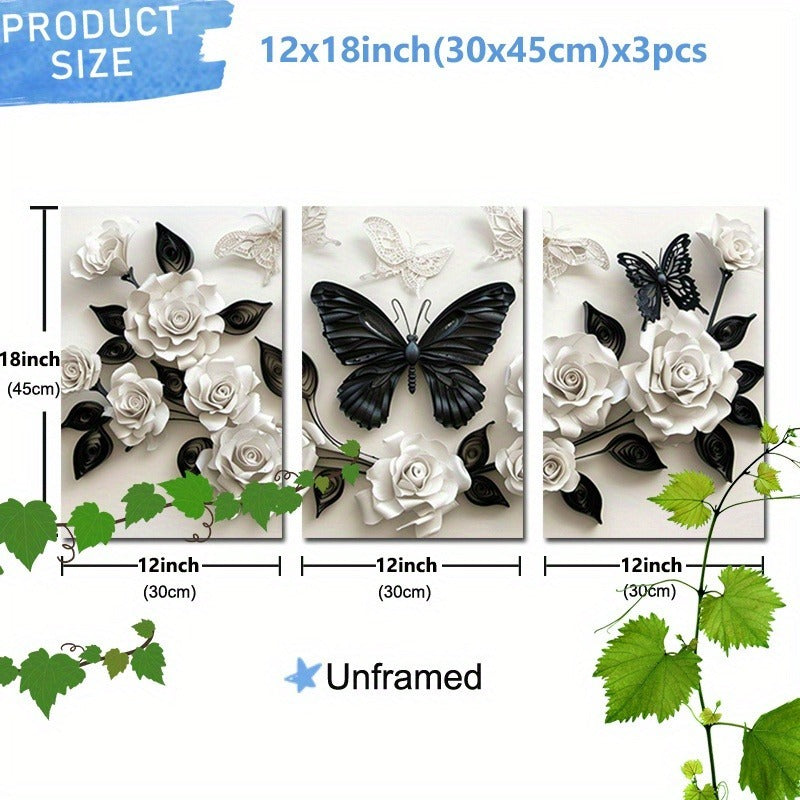 3 Pieces Set Of Framed Wall Art Canvas Prints Featuring A Black Butterfly And White Roses