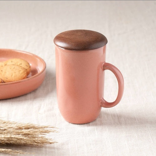 Ceramic Peach Coffee Mug With Wooden Lid