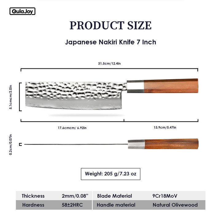 Qulajoy Nakiri Knife 7 Inch - Hammered Japanese Vegetable Knife 9cr18mov Mirror Polishing Hand Forged Blade Kitchen Knife