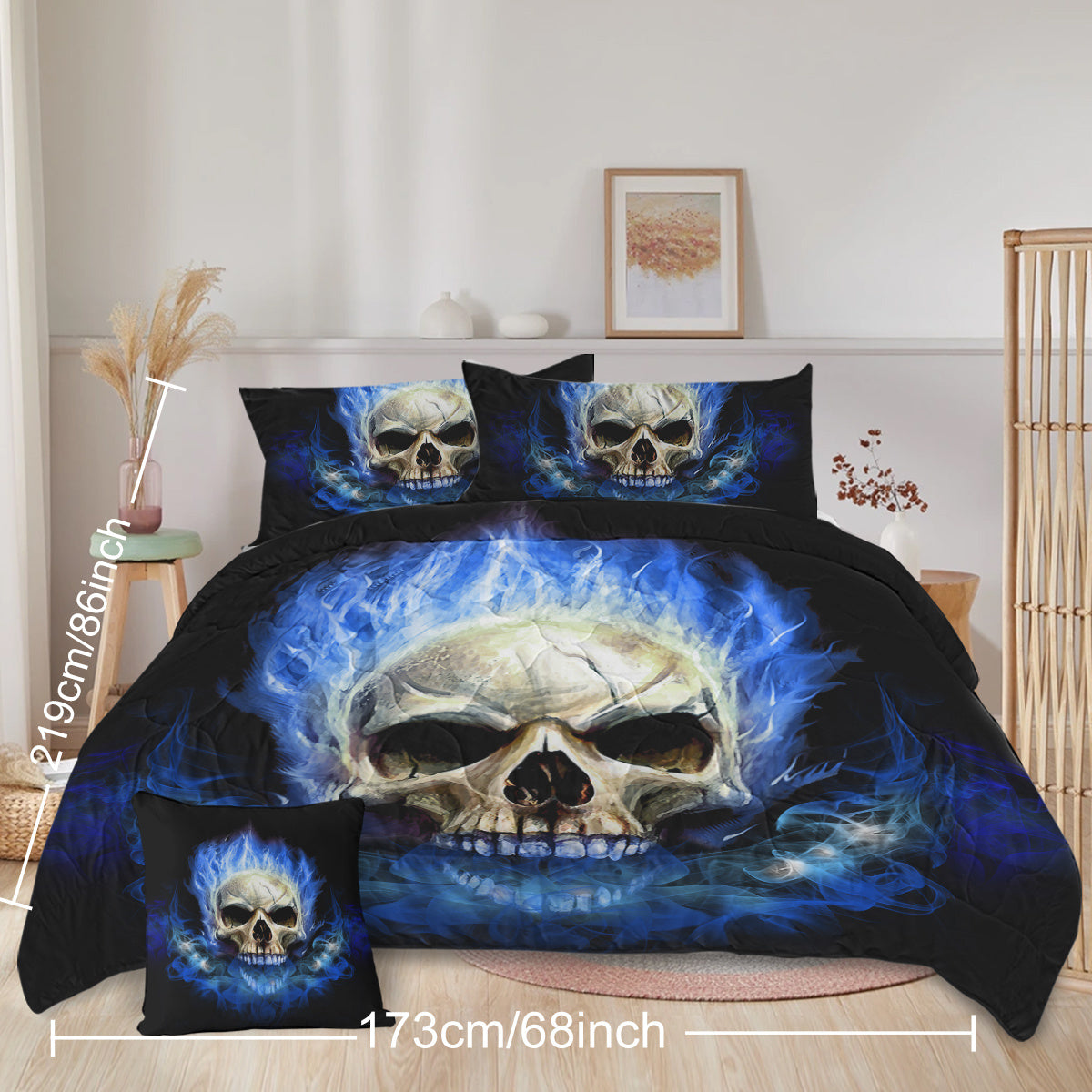 4 Piece Blue Fire Skull Comforter Set,