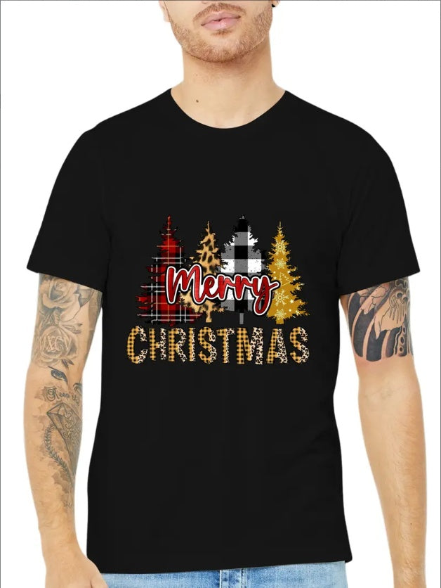 Festive 'Merry Christmas' T-Shirt With Striped Christmas Trees
