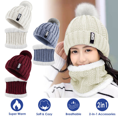 1Set Winter Beanie Hat Scarf Set Women Warm Knitting Skull Cap