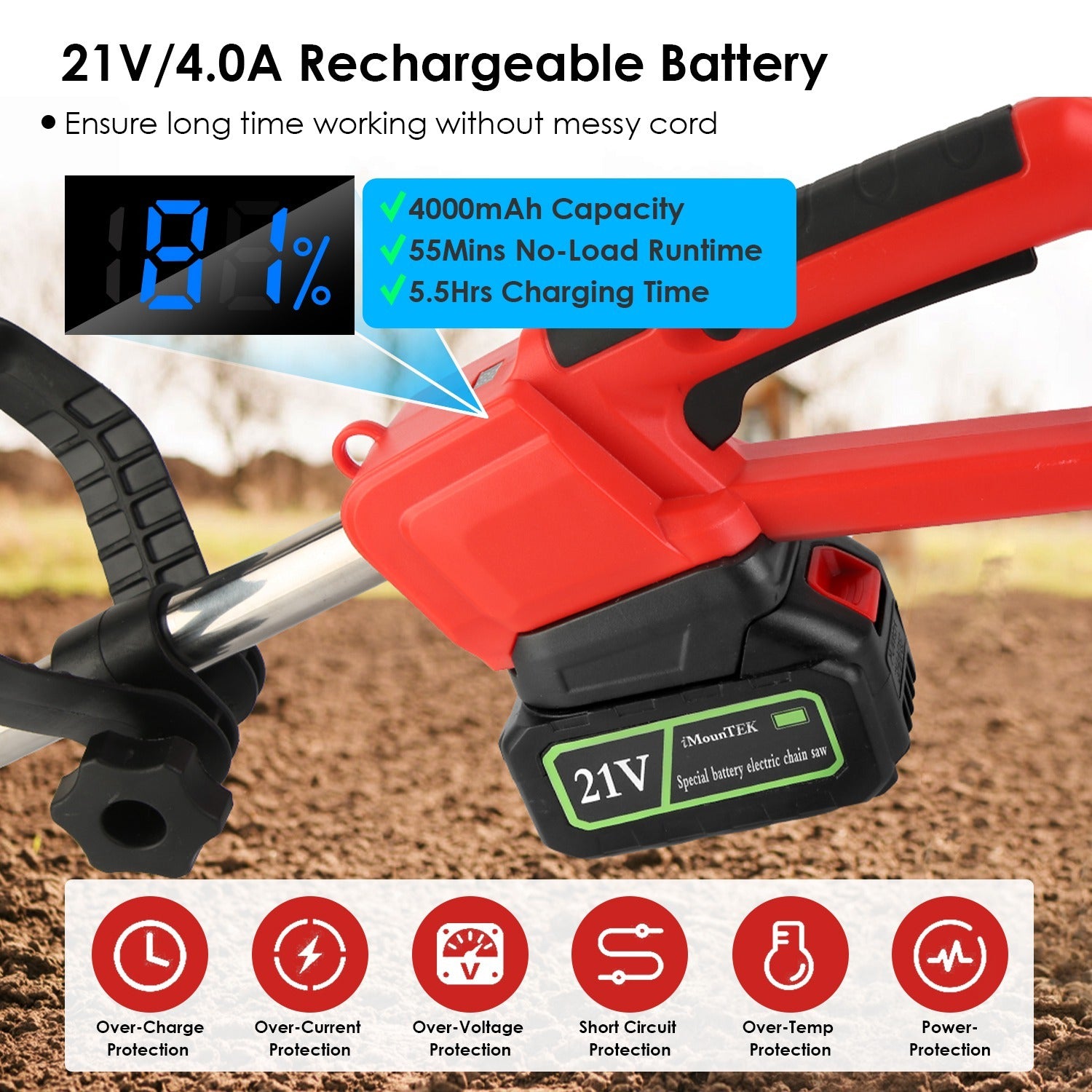 1Pc 21V Electric Cordless Tiller Cultivator Powered Garden Tiller