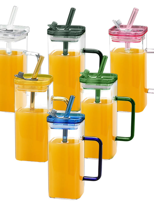 6 Pcs Glass Straw Cup, 6 Colors Square Glass Cup With Straw And Lid