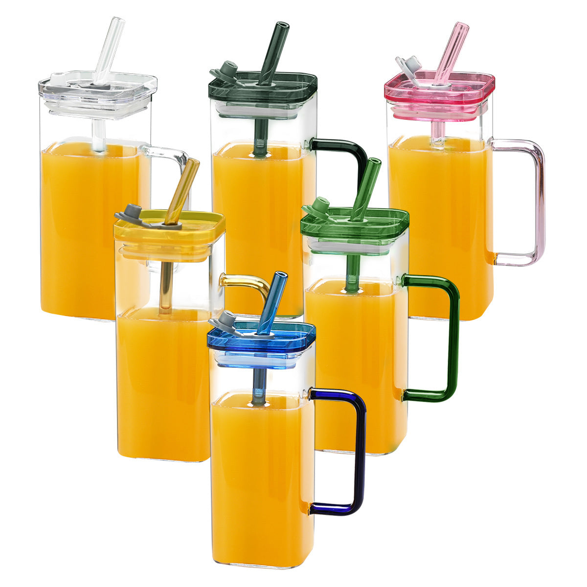 6 Pcs Glass Straw Cup, 6 Colors Square Glass Cup With Straw And Lid
