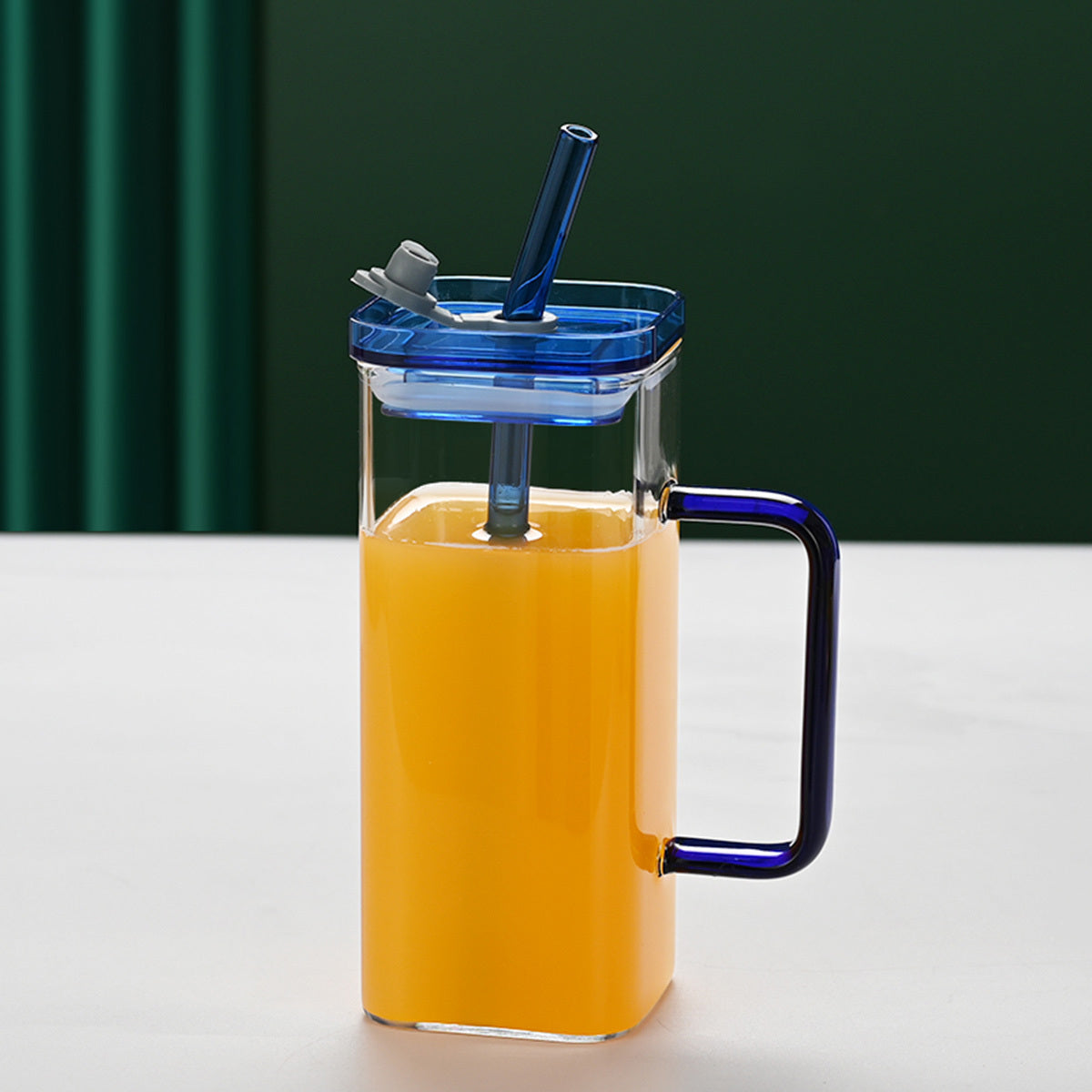 1 Pcs Blue Glass Straw Cup, 6 Colors Square Glass Cup With Straw And Lid