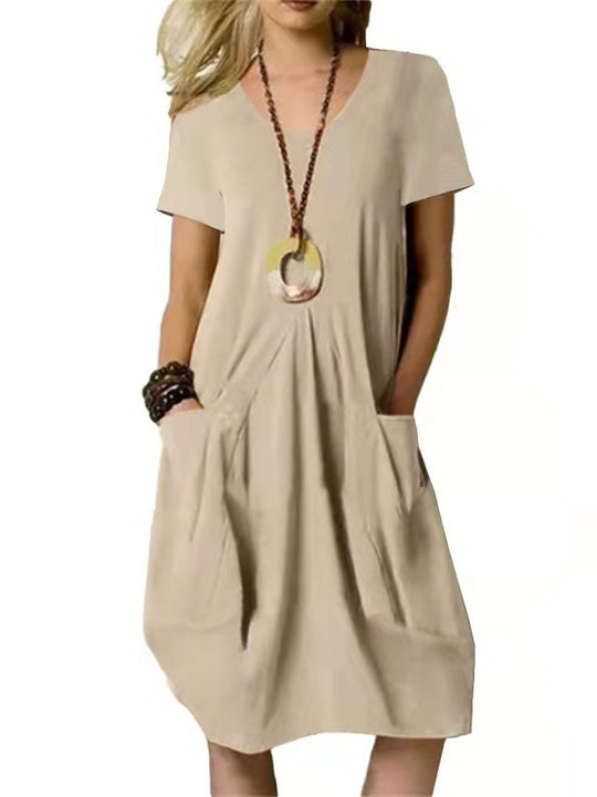 Cotton And Linen Solid Color Loose Round Neck Short Sleeve Dress