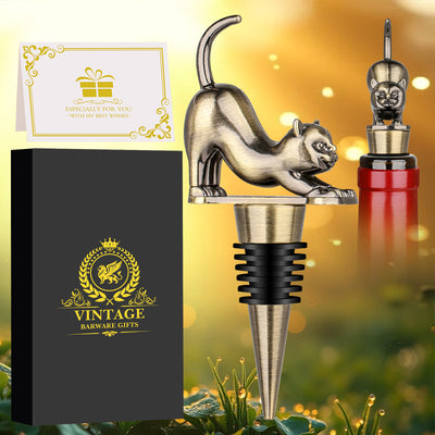 Elegant Upturned Cat Shaped Red Wine Stopper Set With Metallic Luster Bottle Stopper Gift Box