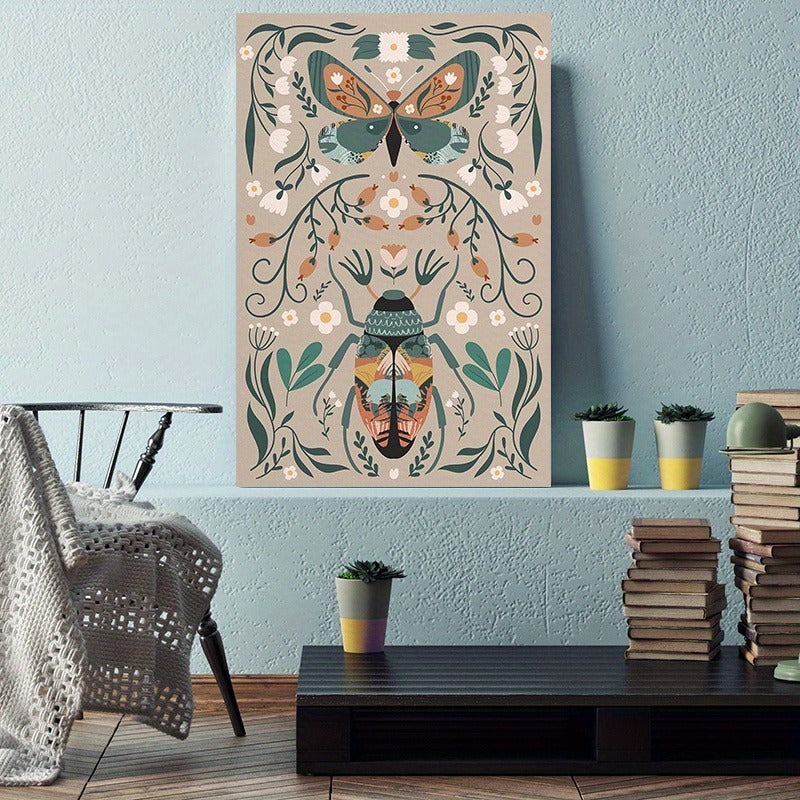 1pcs Modern Classic Wood Frame Canvas Wall Decor With Plant Flower & Butterfly Print