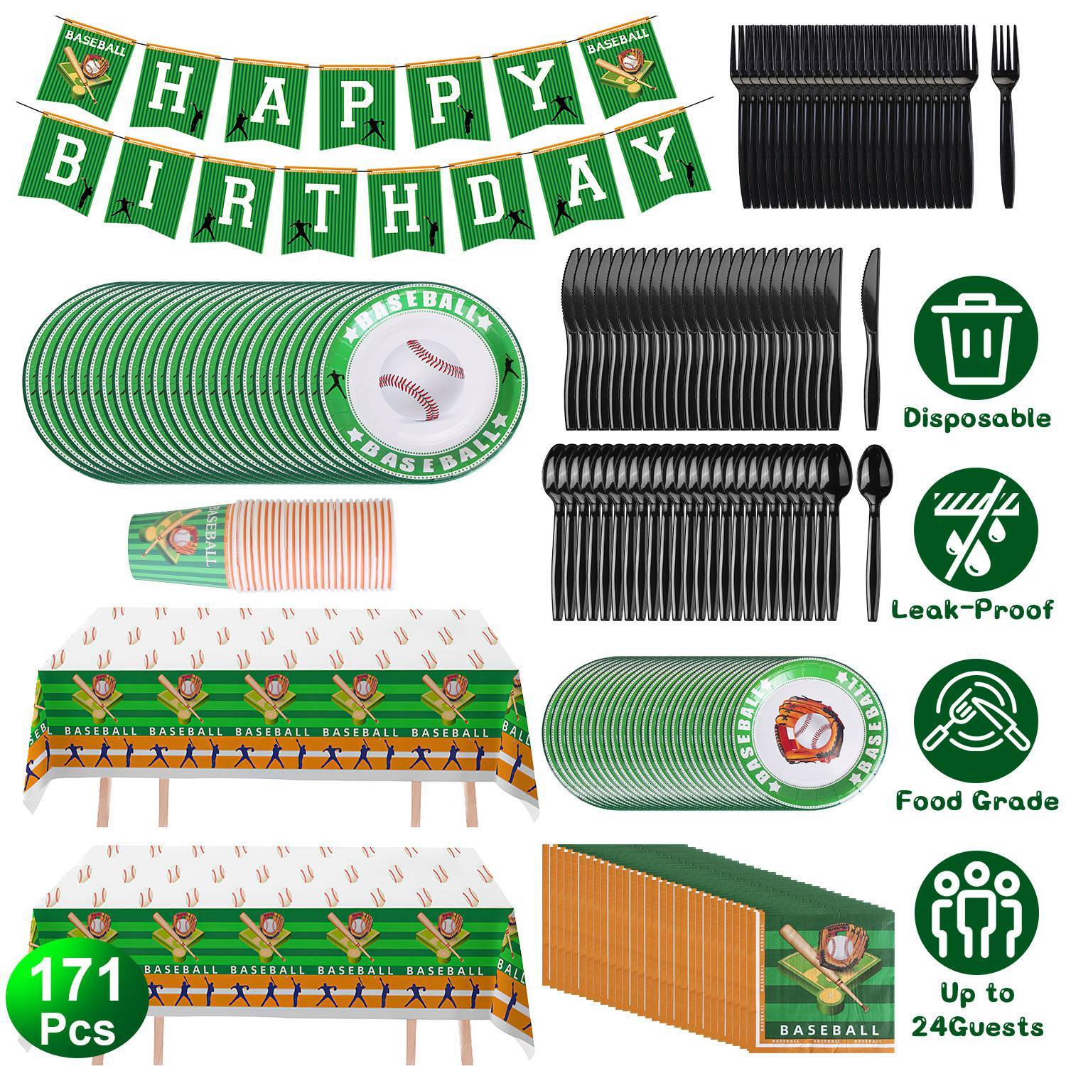 171Pcs Baseball Party Supplies Kit Baseball Birthday Party Disposable Dinnerware Set