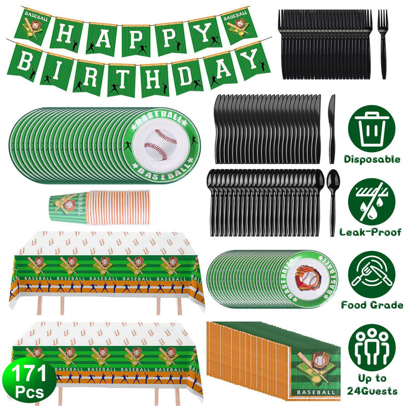 171Pcs Baseball Party Supplies Kit Baseball Birthday Party Disposable Dinnerware Set